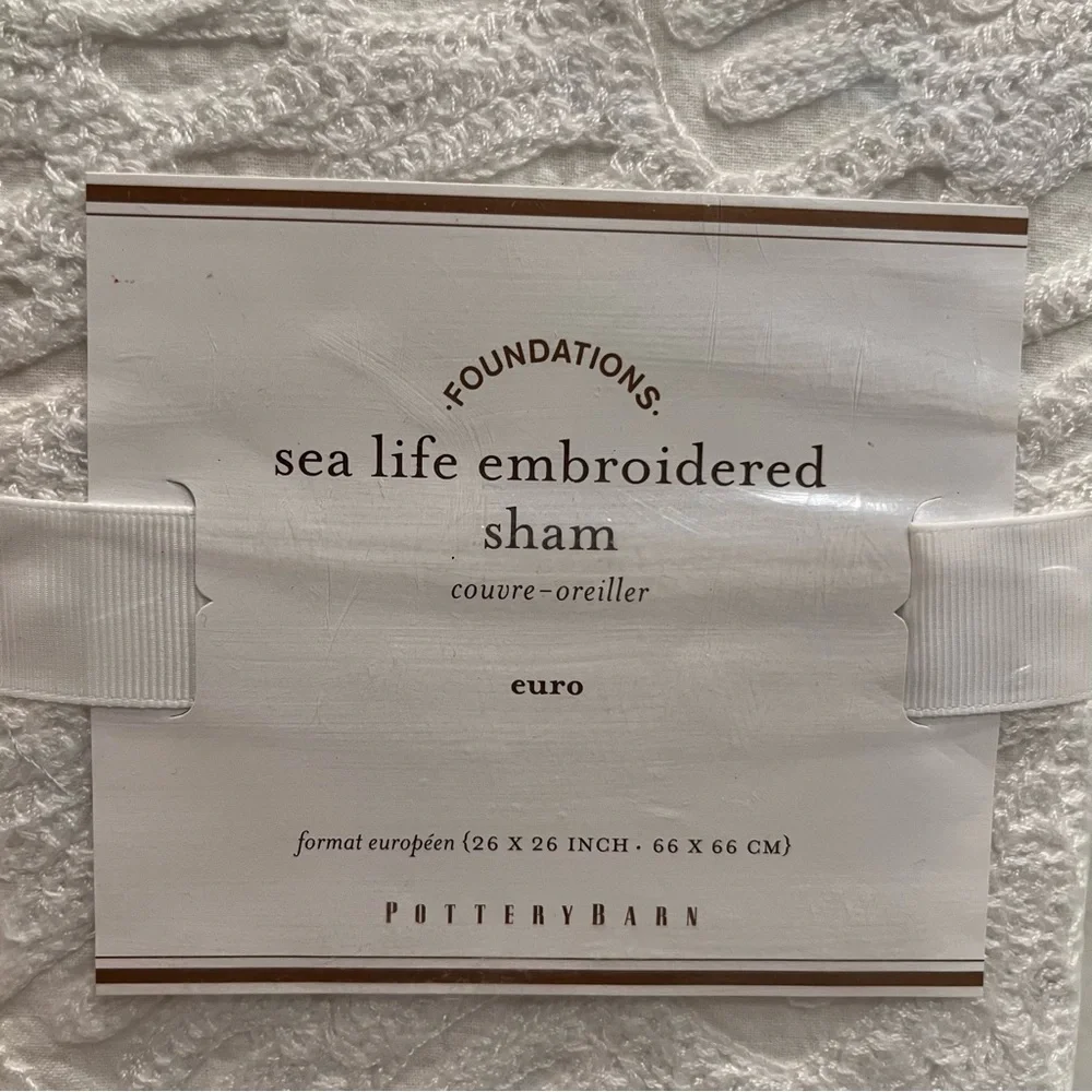NEW Pottery Barn White Sea Life Embroidered Euro Pillow Sham 26x26